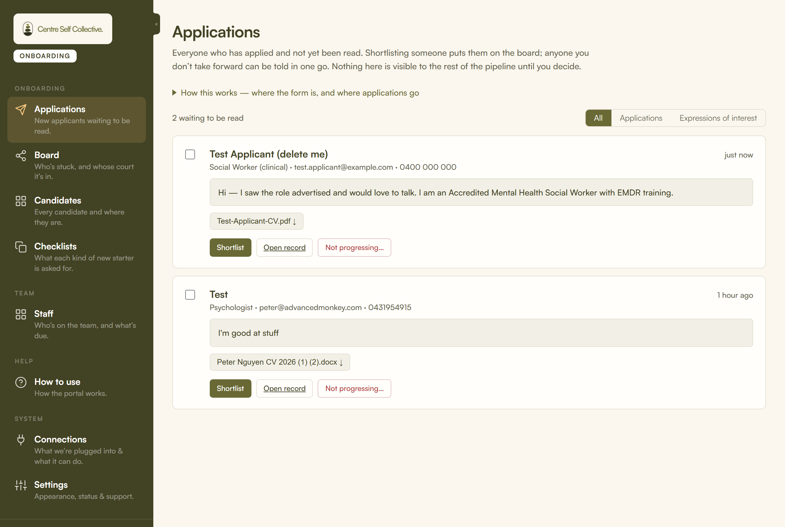 The Applications screen