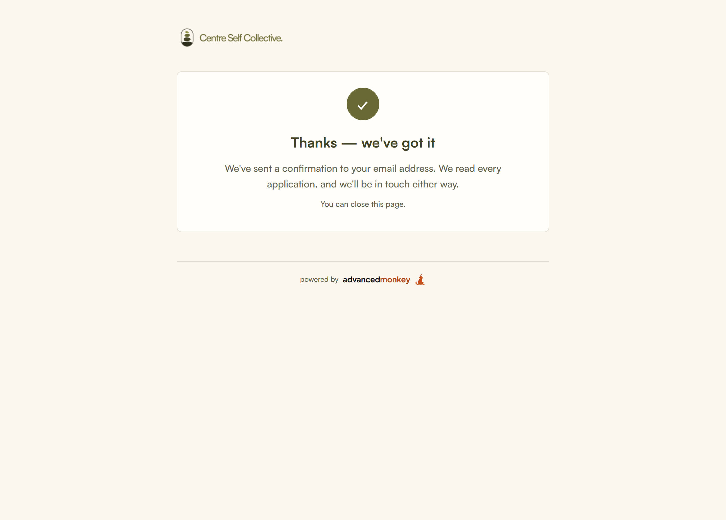 The thank-you message after applying