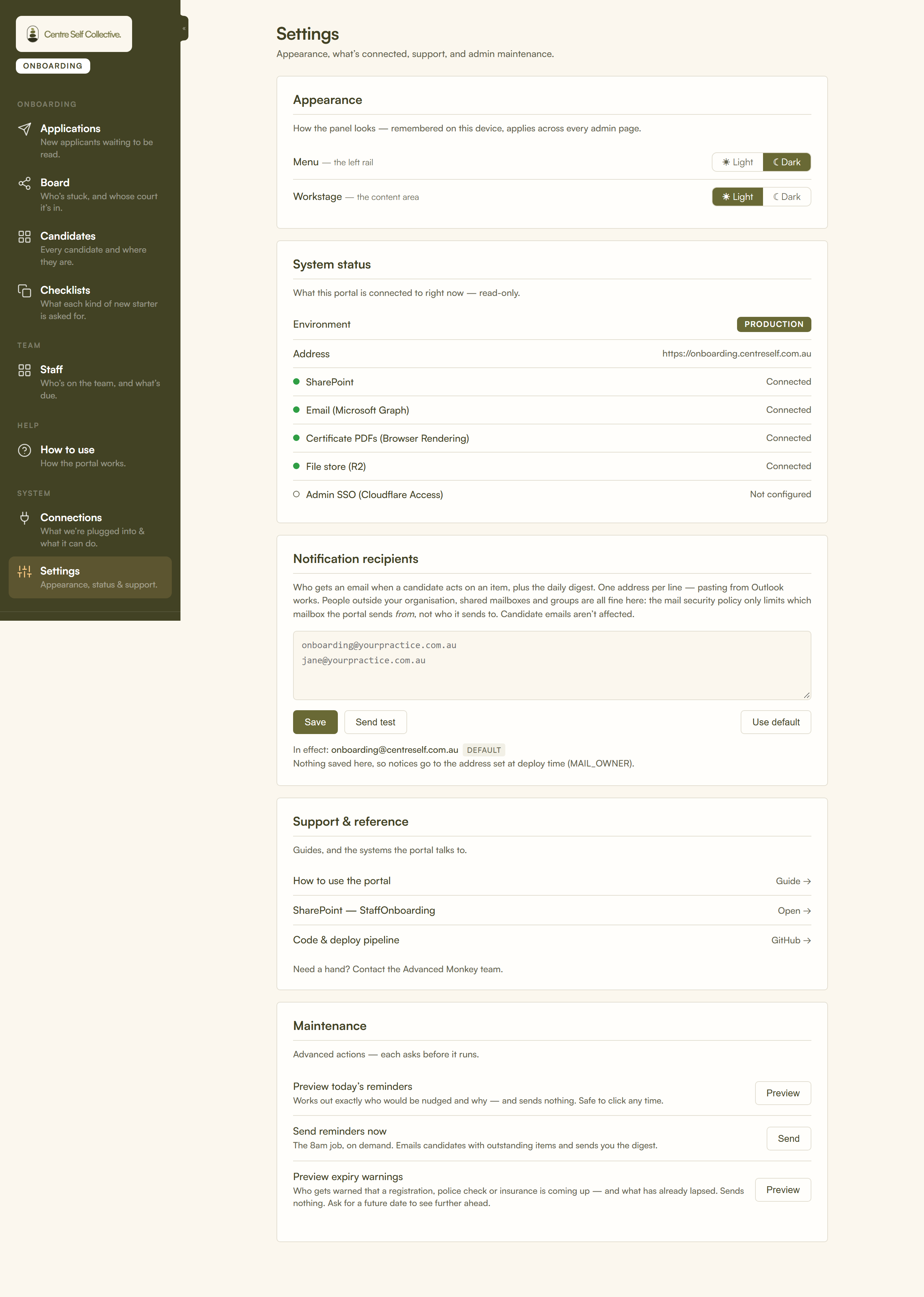 The Settings screen