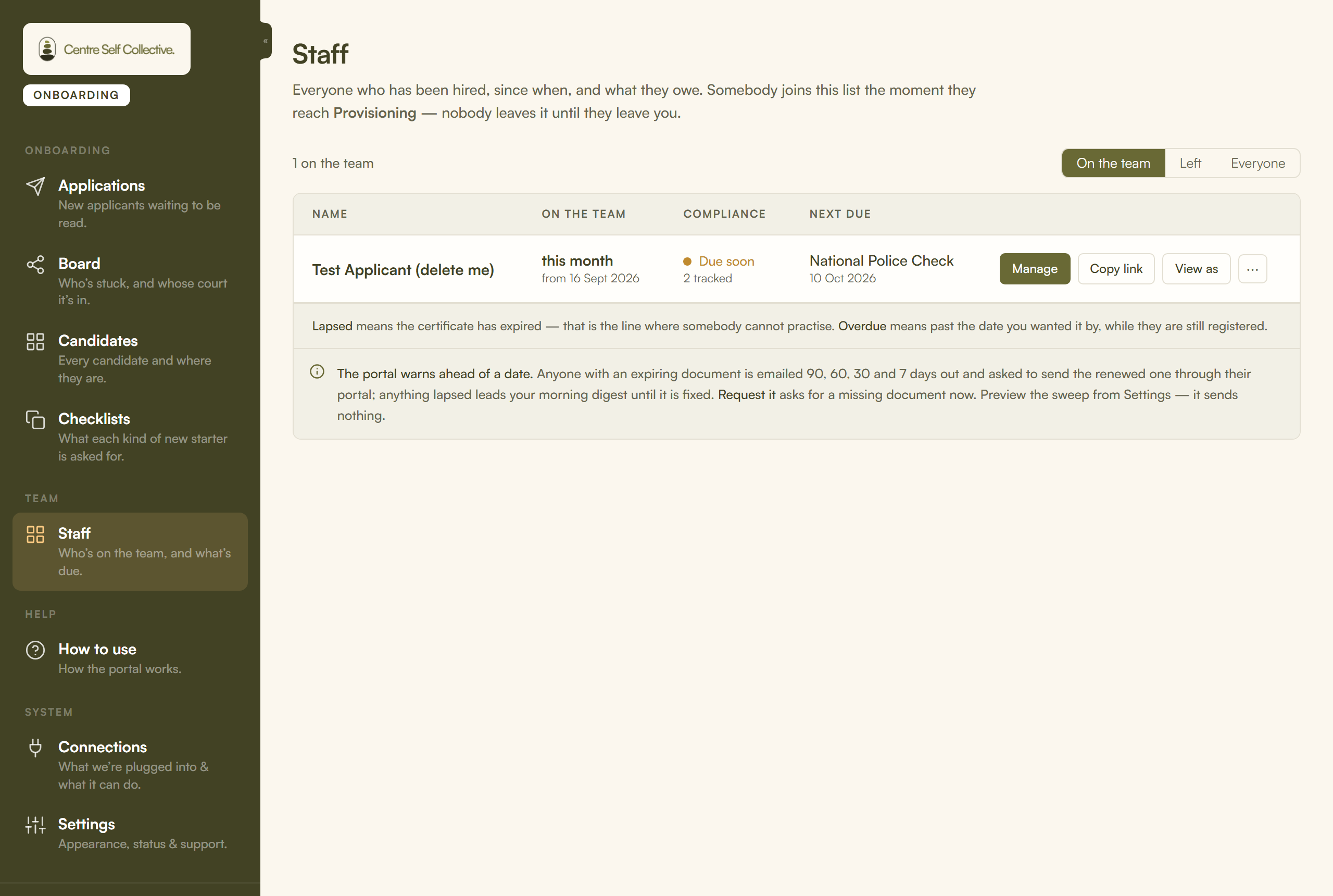 The Staff screen