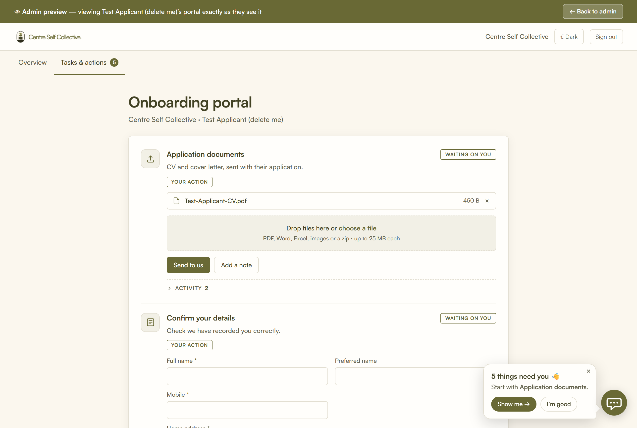The candidate's tasks tab